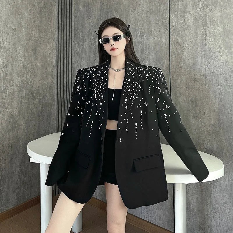 High-Quality Hot Diamond Black Blazer Women's Neutral Spring And Autumn New Design V ersatile Long-Sleeved Shoulder Padded Suit
