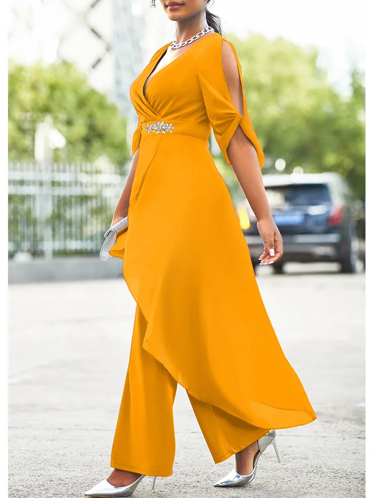 2024 Plus Size 6XL7XL 2-Piece Set Chiffon V-Neck Top and Loose Pants Elegant Commuting Plus Size Women 2-Piece Set