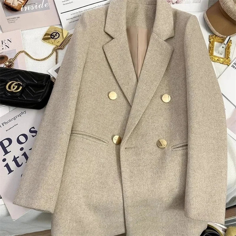 Fashion Woolen Suit Jacket Women's Vintage Blazers Double-breasted Office Coat Female Casual Outerwear Spring Autumn Streetwear