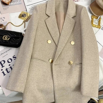 Fashion Woolen Suit Jacket Women's Vintage Blazers Double-breasted Office Coat Female Casual Outerwear Spring Autumn Streetwear