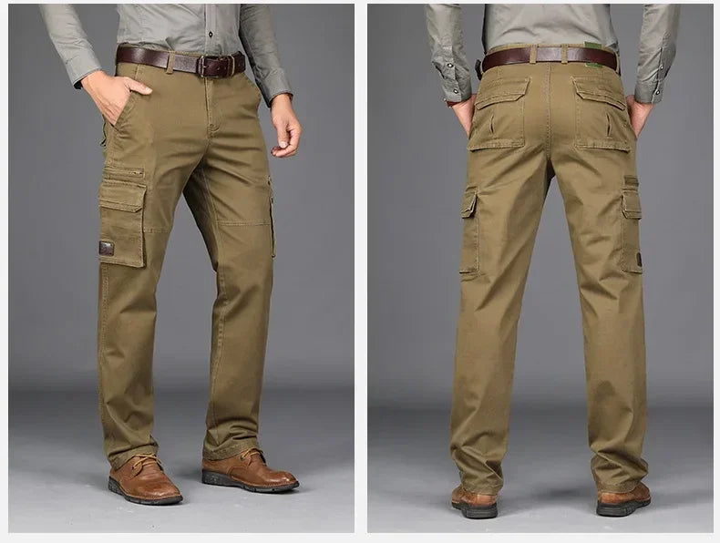 2026 New in Men's Pants Straight Leg Cotton Cargo Trouser Male Stretch Autumn Zipper Multi Pocket Classic Casual Work Wear Army