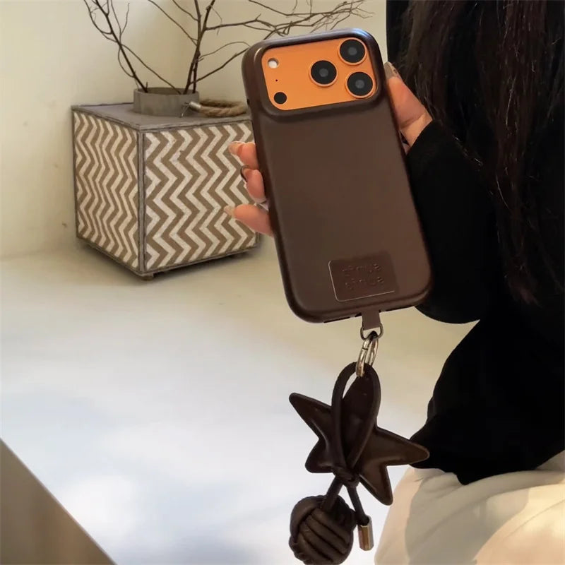 Fashion Leather Phone Case For iPhone 17 Pro 15 14 16 Pro Max Cover with Star Pendant Cute Protective Cases For Apple 17Pro Capa