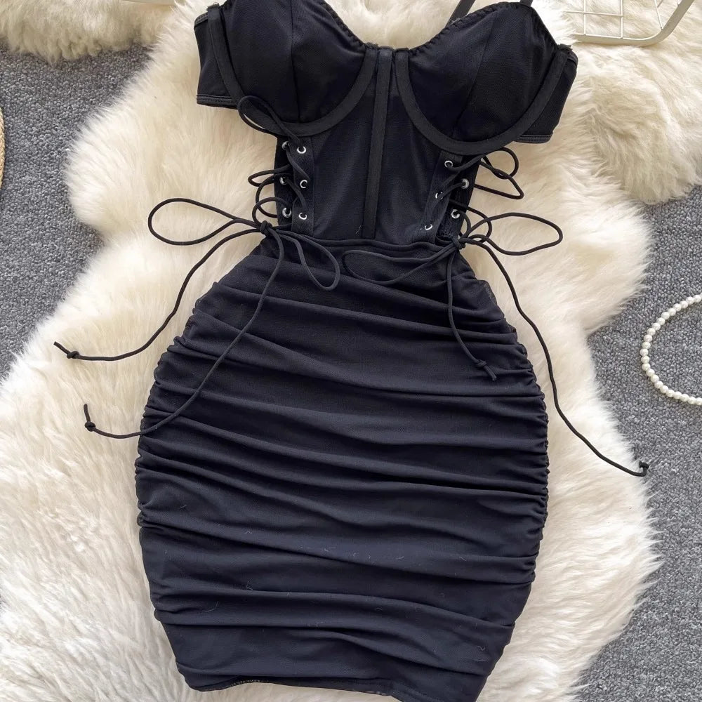 Ins Sexy Hollow Out Sling Dress with Exposed Waist Bandage Pleated Slim Fit Bodyocn Girl's Photo Date Short Dress