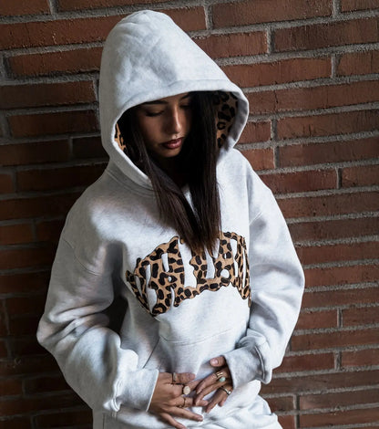 new fashionable leopard print letter embroidery street casual pants men's and women's versatile hooded sweatshirt pants set Y2K
