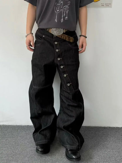American Retro Long Row Button Design Men's Jeans High Street Loose Wide Leg Floor-Length Trousers Trendy Casual Jeans