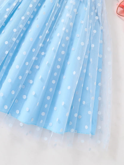Girls' Fashionable Summer Outfit, Solid Color Ruffled Strap Dress with Mesh and Polka Dot Print, Mid-Length Dress for Older Girls, Casual, Soft, Versatile, Youthful and Energetic Dress for Girls, Beautiful and Cute Children's