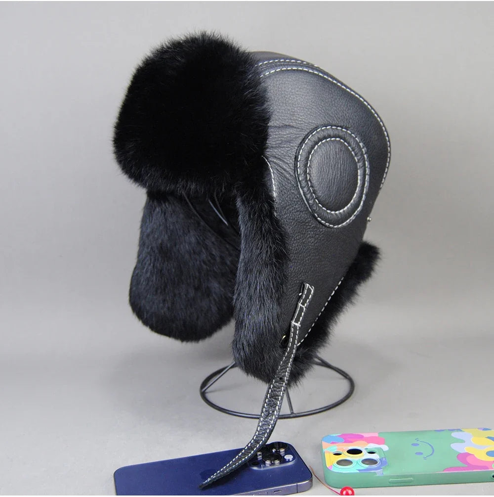 2026 Fashion Men's 100% Natural Rabbit Fur Bomber Hats Winter Russian Man Warm Real Sheepskin Leather Hat Male Real Fur Caps