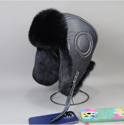 2026 Fashion Men's 100% Natural Rabbit Fur Bomber Hats Winter Russian Man Warm Real Sheepskin Leather Hat Male Real Fur Caps