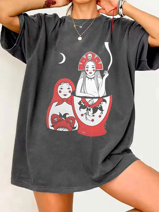 Streetwear T Shirt Russian Doll Pattern Cute Style Y2k Matryoshka Doll Casual Tee Men Women Cotton Oversized Harajuku Summer Top