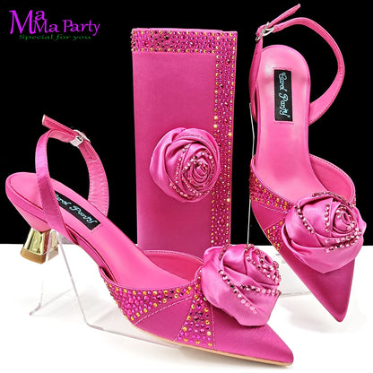 2024 Rose Design 2024 INS Hot Sale New Arrivals African Shoes and Bag Set in Olive Color Pointed Toe Comfortable Heels for Party