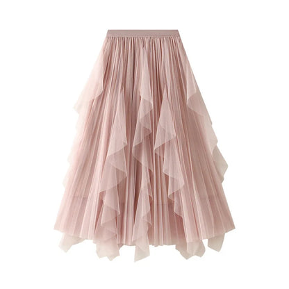 Women's Lotus Leaf Edge A Line Fairy Elastic Waist Tulle Skirt Midi High Waist Mesh Dress Solid Color Irregular Yarn Skirt D8808