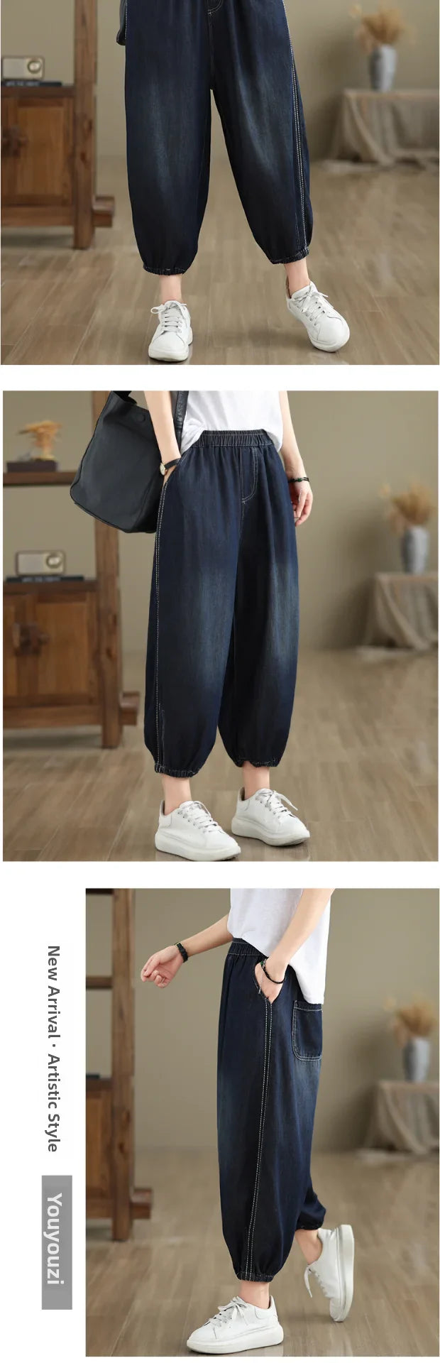 Retro Full Cotton Waed Denim Pants Women Summer Elastic Waist Thin Slimming Lantern Pants Marked Line Nine Points Harlan Pants