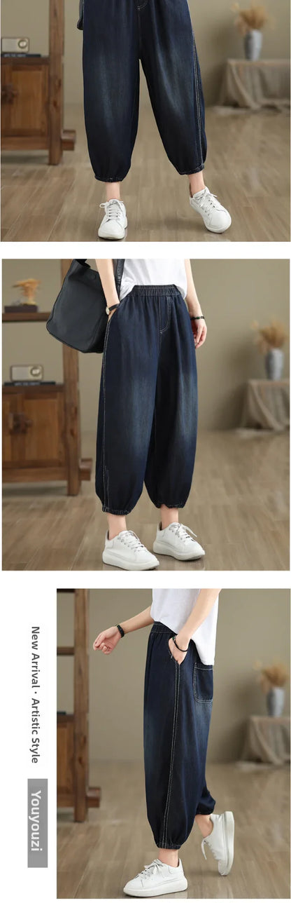 Retro Full Cotton Waed Denim Pants Women Summer Elastic Waist Thin Slimming Lantern Pants Marked Line Nine Points Harlan Pants