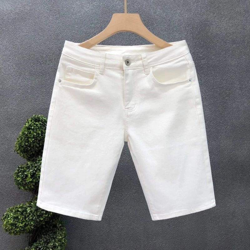2026 Mens White Denim Shorts Summer Casual Slim Fit Pure Color Five Inch Beach Shorts Simple Stylish Fashion Jeans