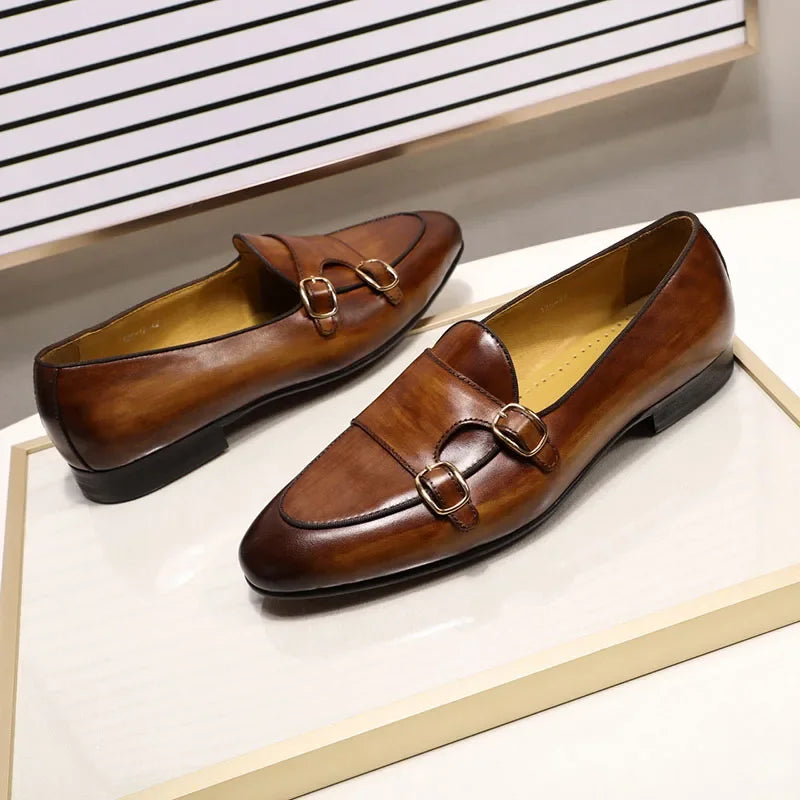 Men's Genuine Leather Loafers Handmade Monk Strap Casual Dress Shoes for Wedding Party Summer Autumn Footwear