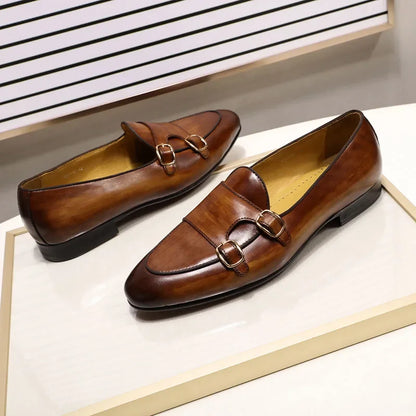 Men's Genuine Leather Loafers Handmade Monk Strap Casual Dress Shoes for Wedding Party Summer Autumn Footwear