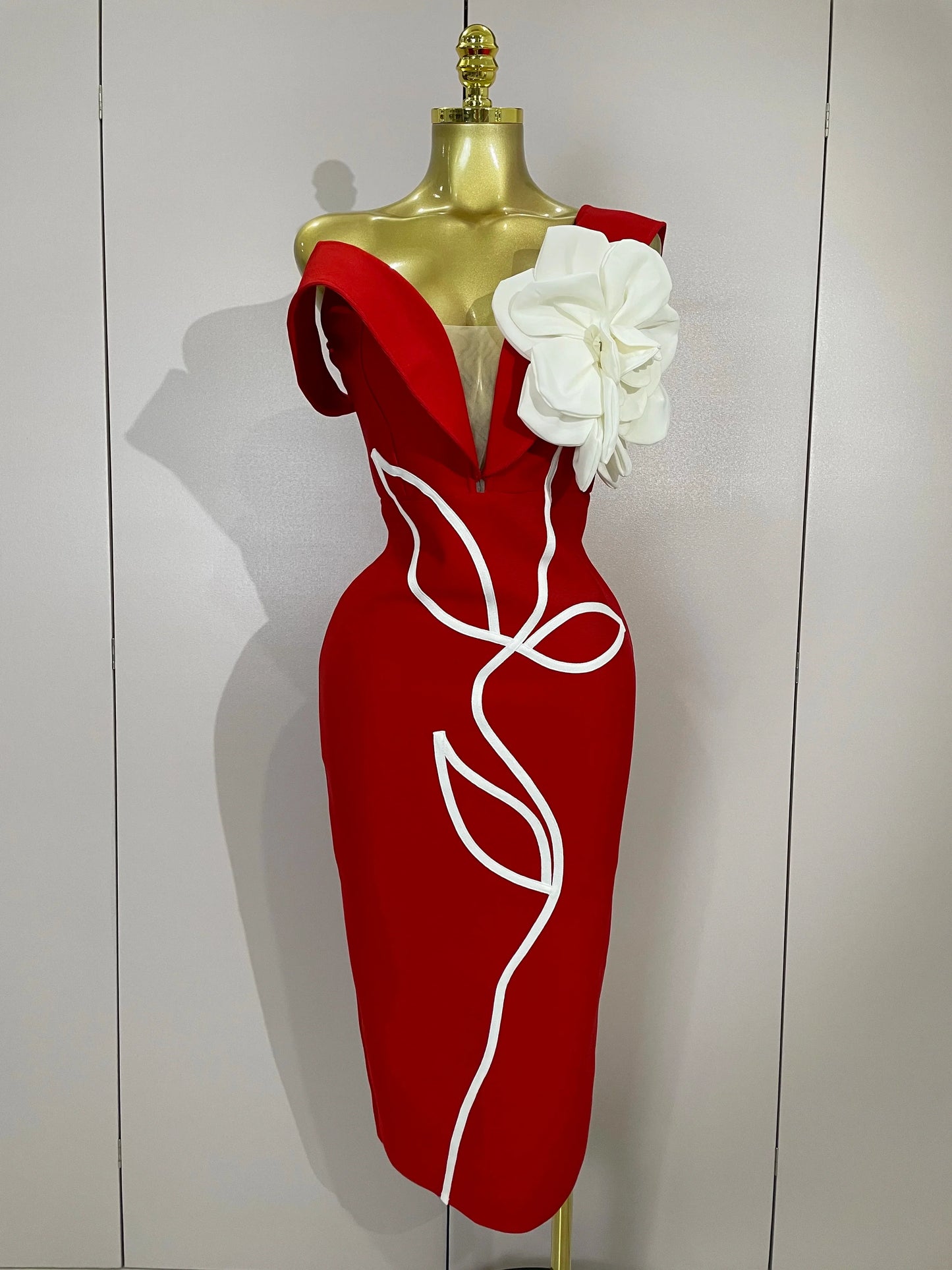 Sexy Off Shoulder White Flower Black Red Bodycon Bandage Long Dress Women Luxury Celebrity Evening Club Elegant Party Gowns