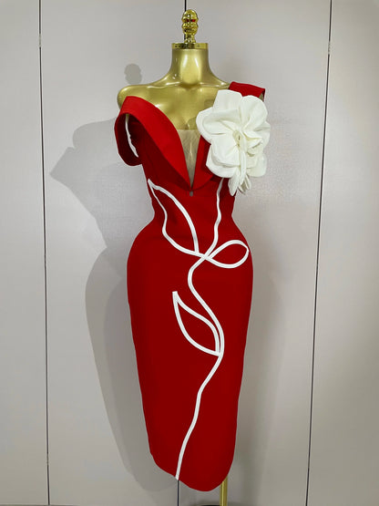 Sexy Off Shoulder White Flower Black Red Bodycon Bandage Long Dress Women Luxury Celebrity Evening Club Elegant Party Gowns