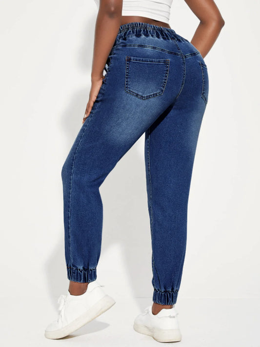 Women's jeans, elastic waistband drawstring sport-style stretch denim pants