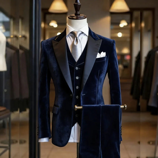 High Quality Navy Blue Velvet Men's 3 Pieces Tuxedo Suit Versatile Formal Blazer Vest Pants For Wedding Dinner Party Customized