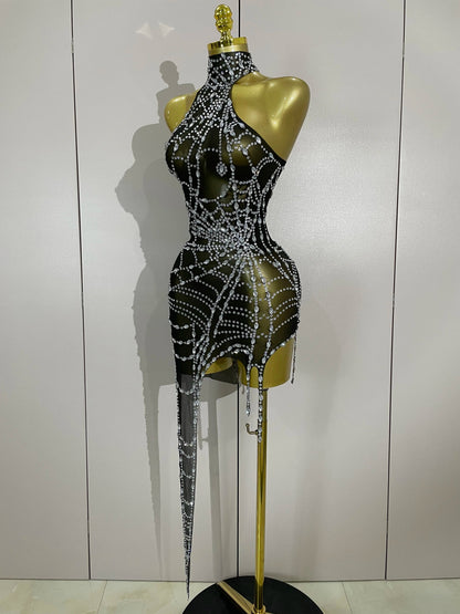 STOCK Sparkly Diamond Sexy Mesh Asymmetric Bodycon Mini Dress Women Nightclub Bar Party Show Gogo Dancer Clothing Stage Costume