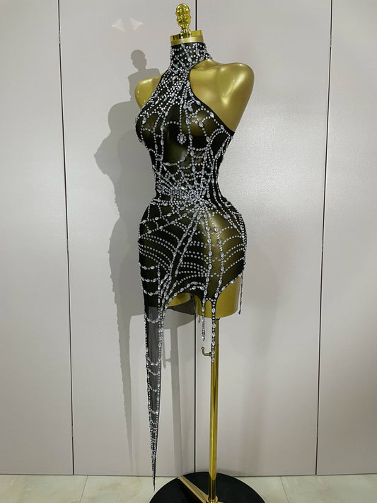 STOCK Sparkly Diamond Sexy Mesh Asymmetric Bodycon Mini Dress Women Nightclub Bar Party Show Gogo Dancer Clothing Stage Costume