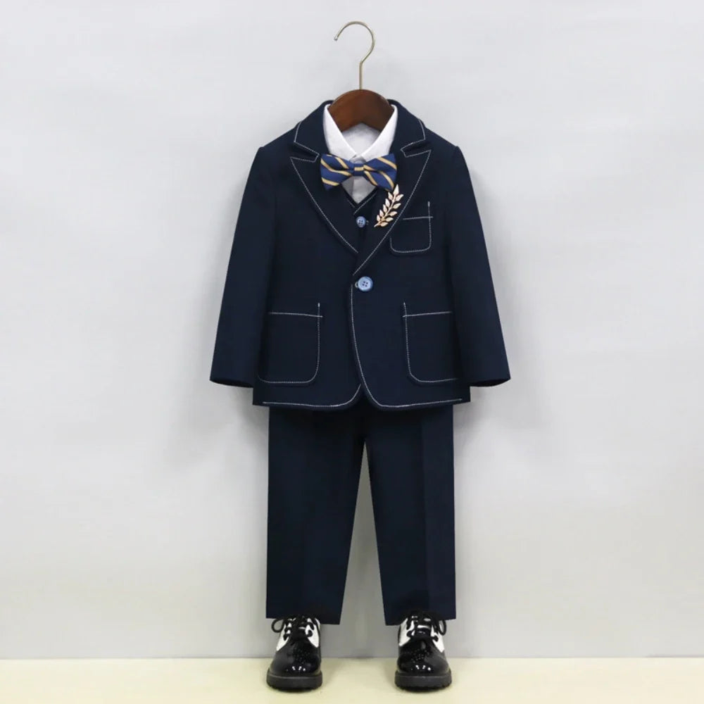 Notched Lapel Children's Formal Suit Set 5 Pieces Piano Contest Performance Boys Regular Fit Suits Wedding Ring Bearer Outfit