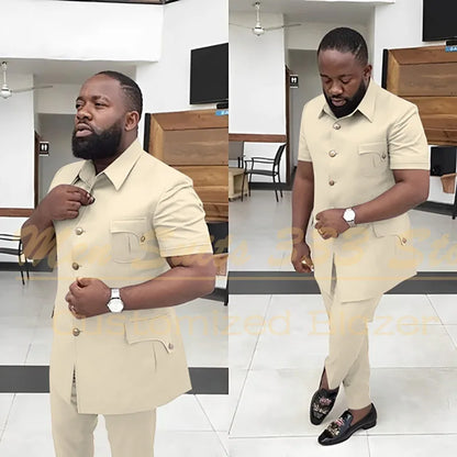 Summer Men's Suits Solid Color Short Sleeve Single Breasted Stand Lapel Casual Outfits 2 Piece Jacket Pants Set Slim Fit Terno