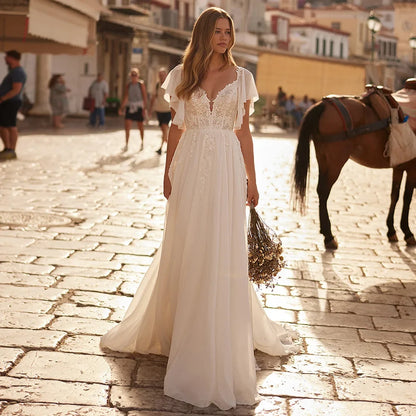Short Sleeves Wedding Dress 2026 Customized V Neck Beading Applique Chiffon A Line Summer Bridal Gown Robe De Mariee