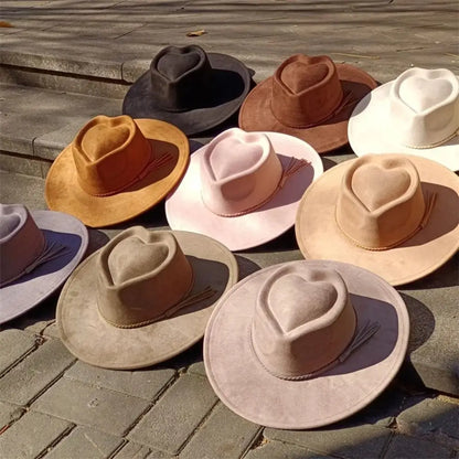 High Quality Heart Design Vegan Suede Hat Wide Brim Blank Style Wide Brim Hat Fedora Hat