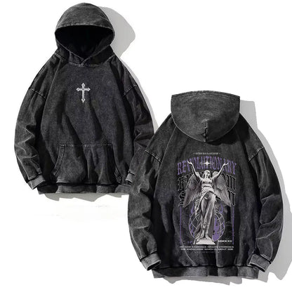 Y2K Washed Hoodies Vintage Cotton Women Men Skull Cross Print Hooded Sweatshirts Oversize Hip Hop Male Pullover Winter Clothes