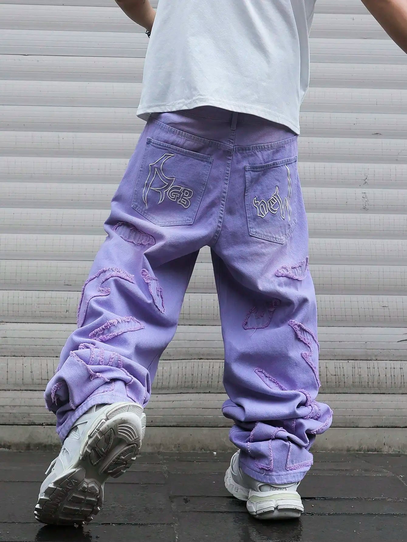 High-Street Style Purple Distressed Frayed Jeans for Men, Loose, Trendy Street Hip-Hop Wide-Leg Pants