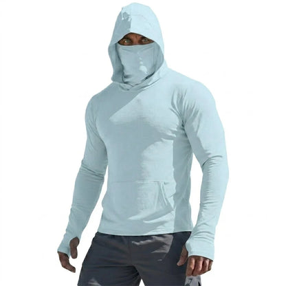 Mens UPF50+ Long Sleeve Hooded Pullover Summer Quick Dry Sun Protection Top Ice Silk Casual Shirt for Running Outdoor Sports