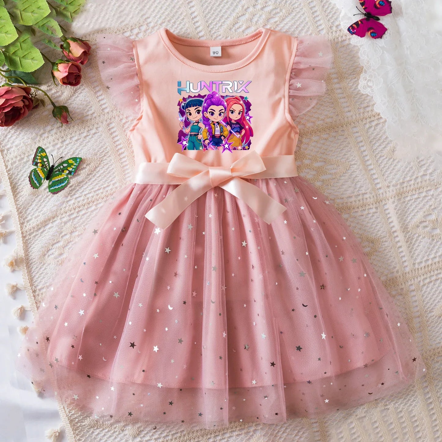 K-Pop Hunters Zoey Rumi Girls Sequin Tutu Dress with Bow Flutter Sleeves Summer Princess Party Outfit for Toddler Kids 2-6Y