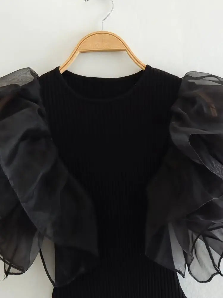 Women Fashion Black Ruffled Bodysuits Vintage O-Neck Sleeveless Female Chic Lady Tight Tops