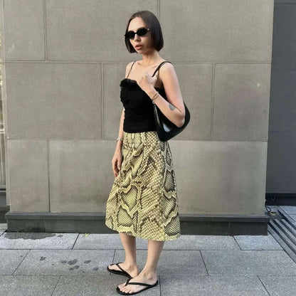 Snakeskin Printed Fashion Skirt Women's High Waist Slim Contrast Patchwork Commute Streetwear Female Vintage Y2k Skirt DDX8