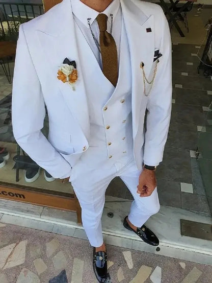 Men Suit Slim Fit (Jacket+Pants+Vest) Handsome White 3 Piece Groom Tuxedos For Wedding Formal Prom Suit Party Evening Terno