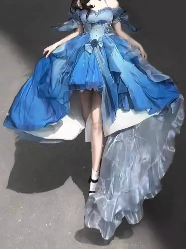Original Lolita Trailing Puffy Dress Women Short Front Long Back Princess Blue Flower Wedding Dress Elegant Off Shoulder