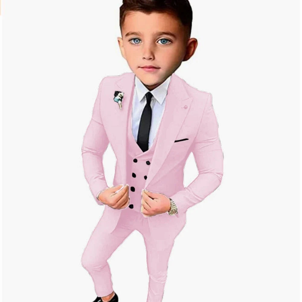 Boys Formal Slim Fit Suits 3 Pieces Holiday Celebration Outfit,Autumn Long Sleeve Kids Peak Lapel Suit Set Wedding Guest Wear