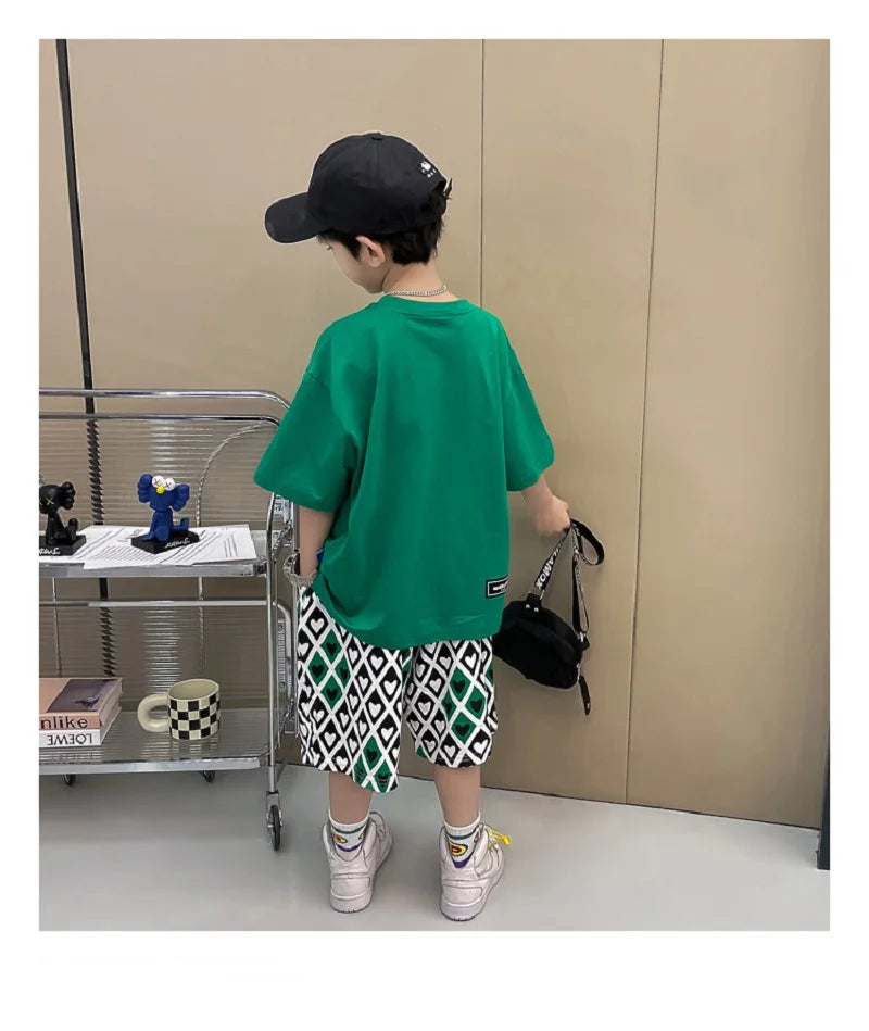 Summer Boys Cotton Short-Sleeved T-shirt Tops+Drawstring Shorts Pant School Kids 2PCS Tracksuit Child Outfit Workout Set 3-14 Yr
