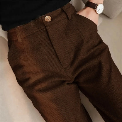 Italian Vintage Suit Pant For Men Autumn Winter Wool Herringbone Pattern Straight Trousers British Style Business Casual Pants