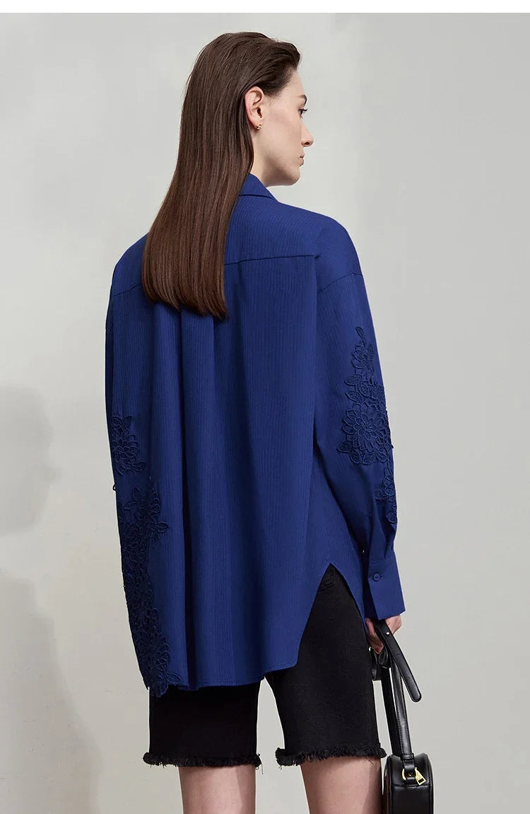 2025 New Arrival Autumn Offce Lady Shirt Turn-down Collar Drop Sleeves Loose Blouse Lace Splicing Women Clothing 12553077