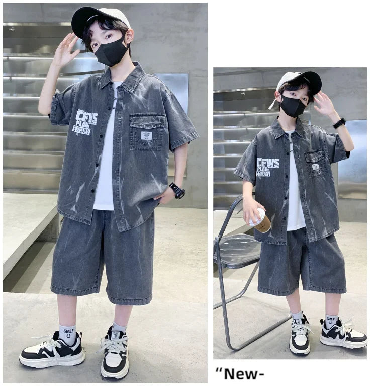 Cool Summer Set for Boys Denim Top and Bottom Set Kids Child Short Sleeve Shirt And Shorts 2 Pieces Outfits Suit Age 5-14 Years