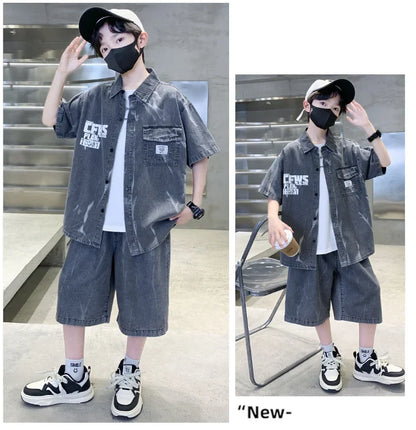 Cool Summer Set for Boys Denim Top and Bottom Set Kids Child Short Sleeve Shirt And Shorts 2 Pieces Outfits Suit Age 5-14 Years