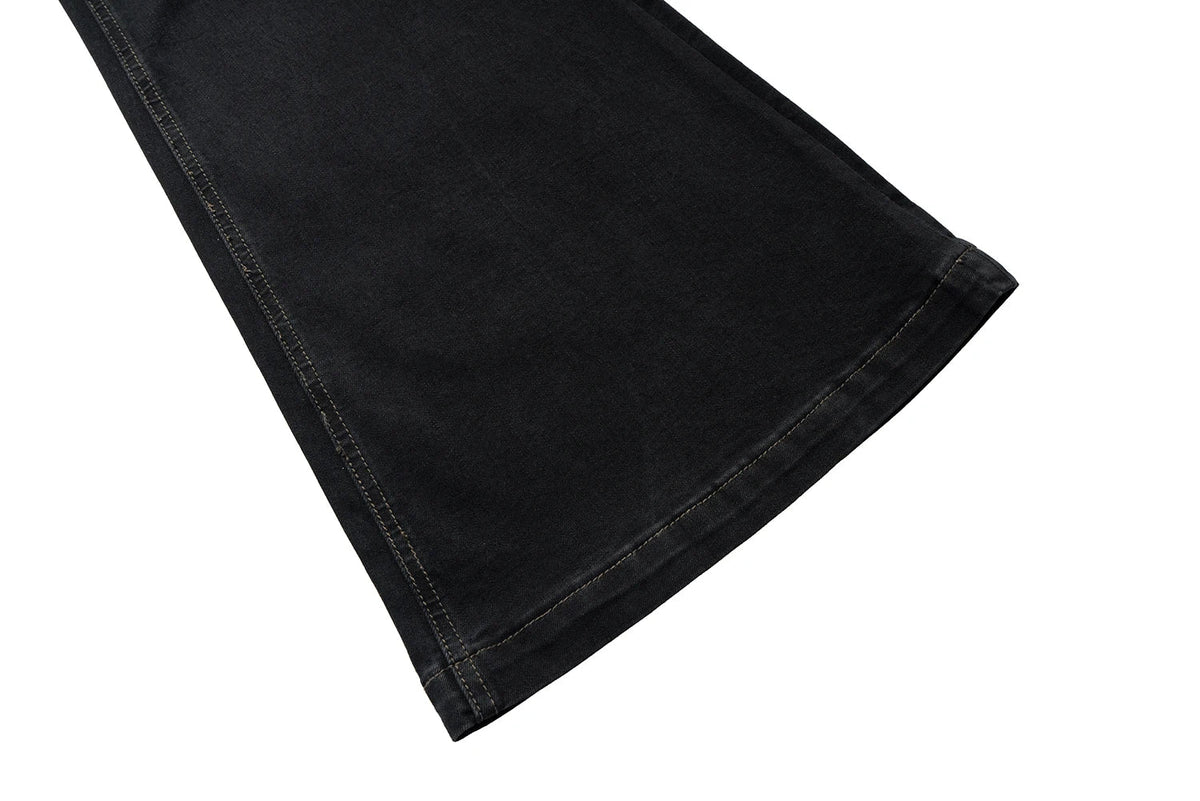 Style Ribbons slightly Stretch Baggy Flared Jeans for Men High Street Black Color Boom Cut Oversized Casual Denim Trousers