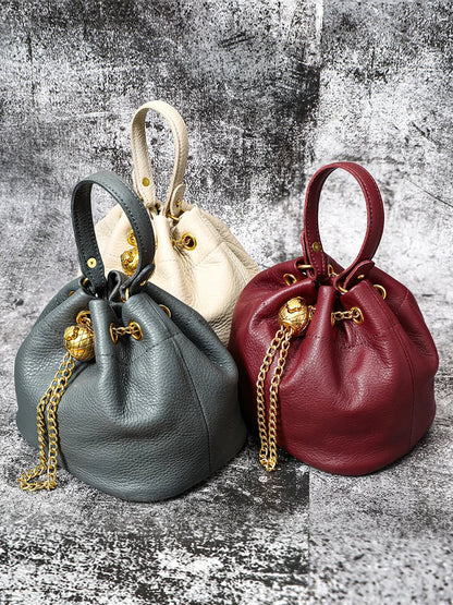 New Vintage Fashion Chain Bag Genuine Leather Multi-Way Bucket Bag for Women Compact Stylish Crossbody Purse