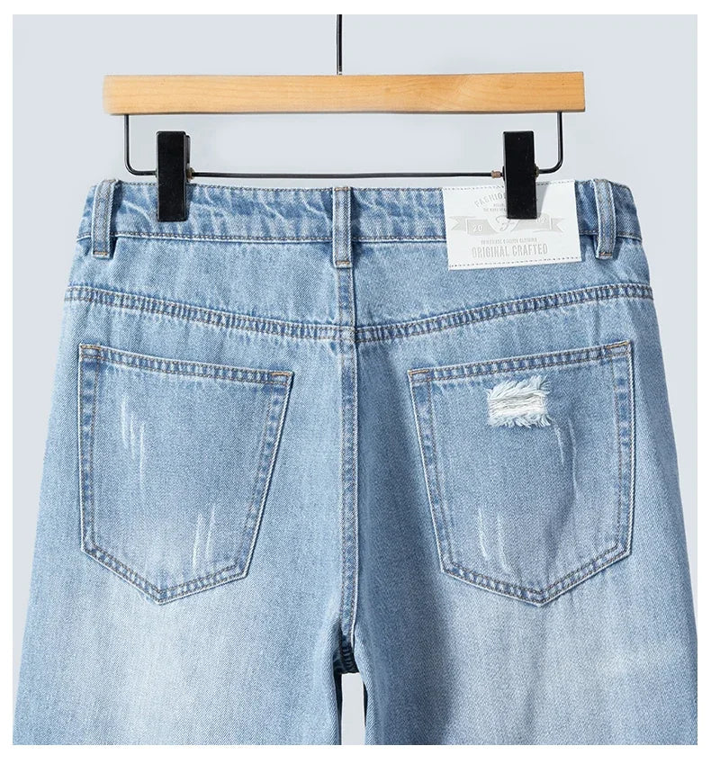 Summer Thin Ripped Jeans Mens Straight Breathable Washed Denim Trousers Casual Streetwear Harlen Ankle Length Pants Light Blue