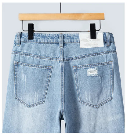 Summer Thin Ripped Jeans Mens Straight Breathable Washed Denim Trousers Casual Streetwear Harlen Ankle Length Pants Light Blue