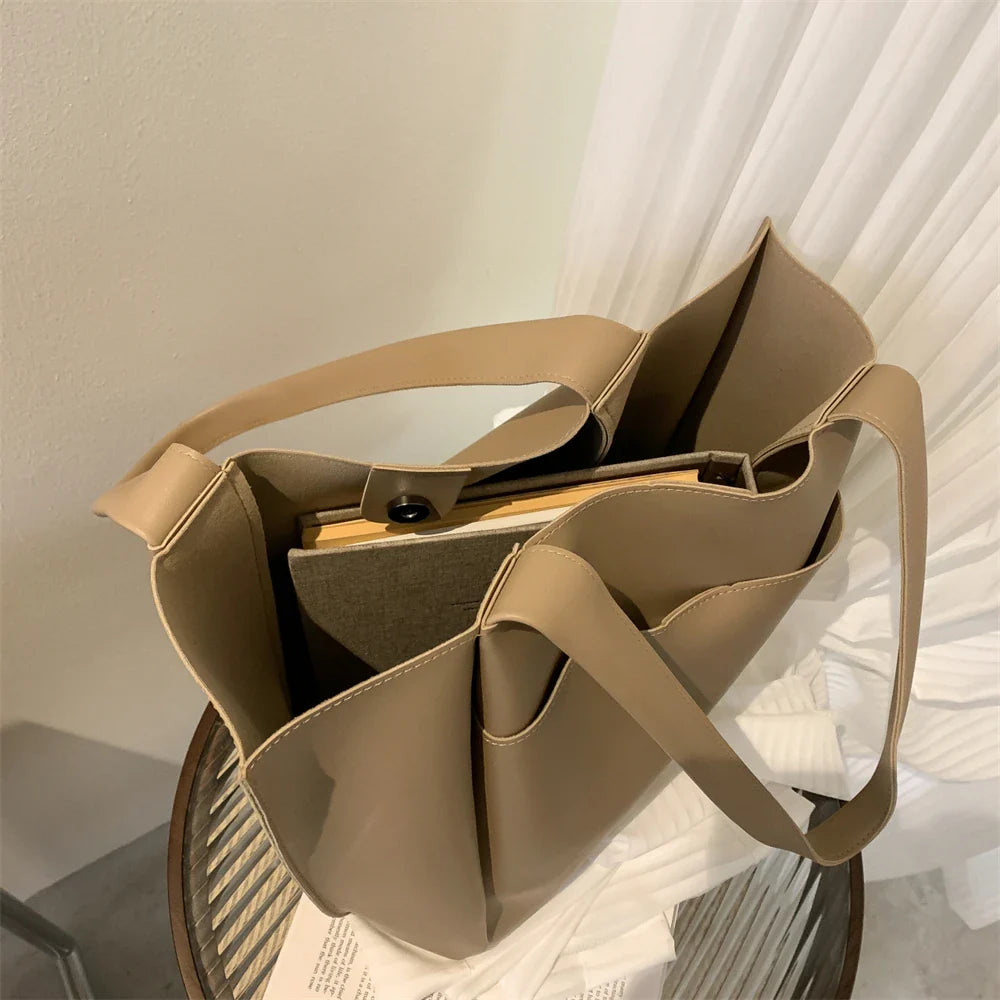 High Quality Soft Leather Woman Casual Tote Shopper Solid Color Handbags Large Capacity Single Shoulder Bag with Outer Pocket