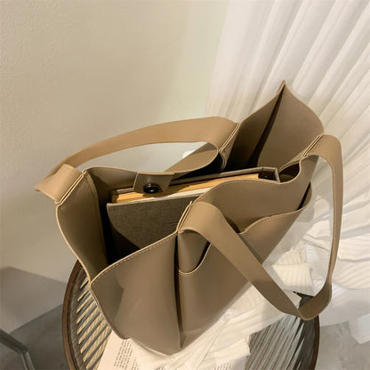 High Quality Soft Leather Woman Casual Tote Shopper Solid Color Handbags Large Capacity Single Shoulder Bag with Outer Pocket
